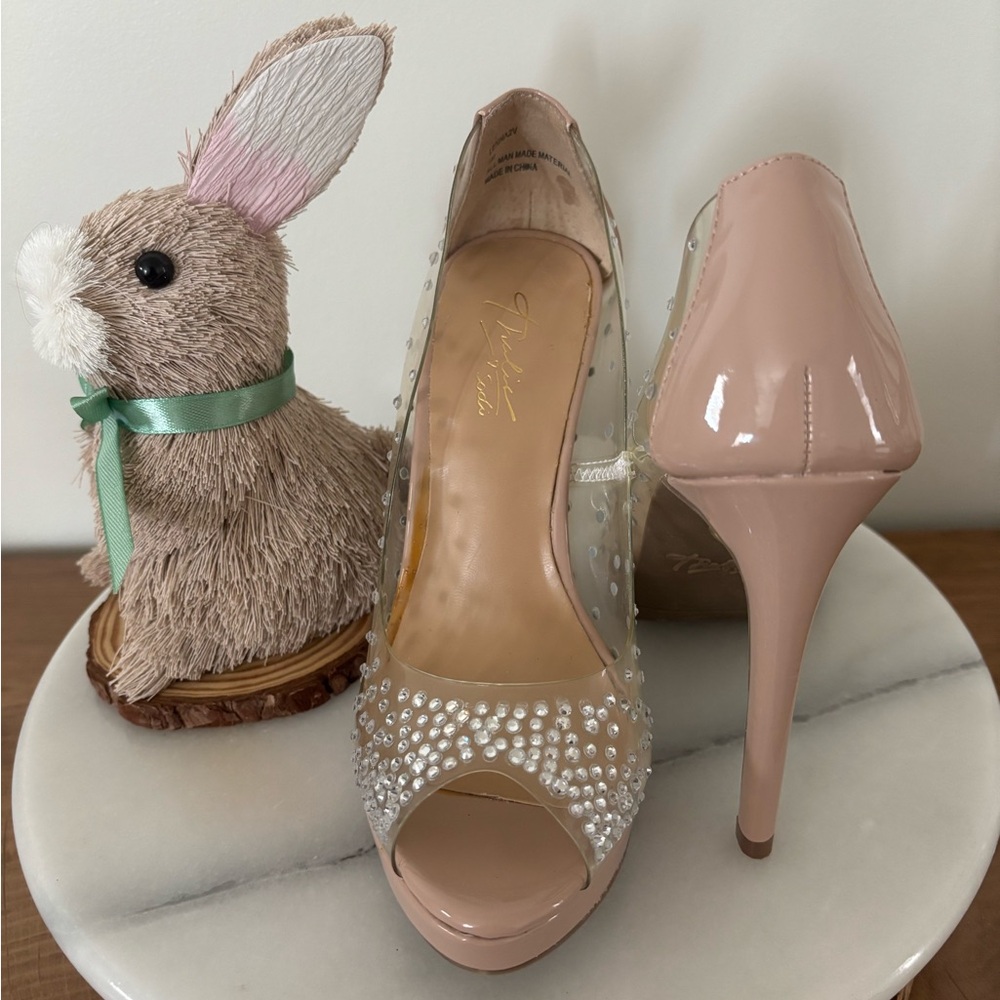 Thalia Sodi Blush Peep-Toe Heels with Rhinestones
